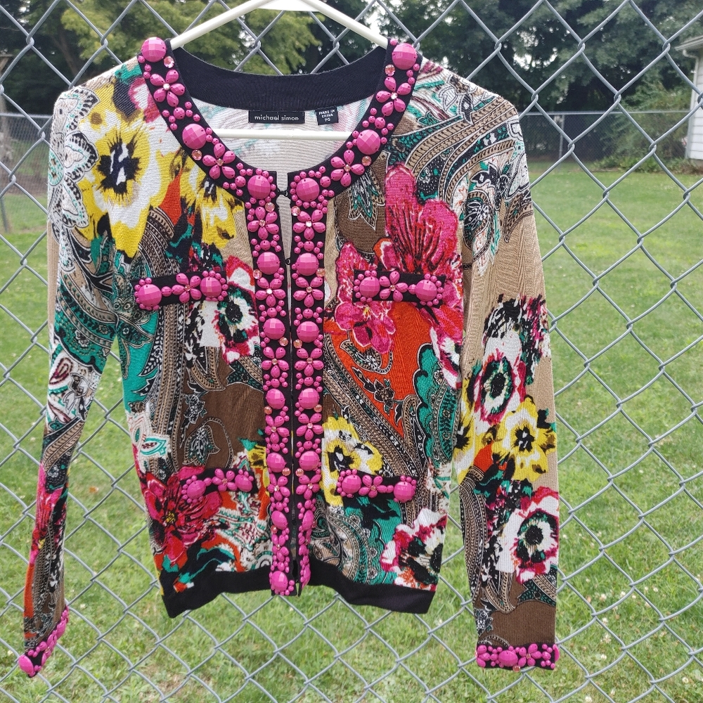 Michael Simon Pink Flower Beaded Cardigan Sweater Petite Small PS Front Closure